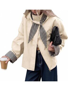Women's Beige Casual Fall Jacket With Plaid Detachable Hood Cropped Trench Coats
